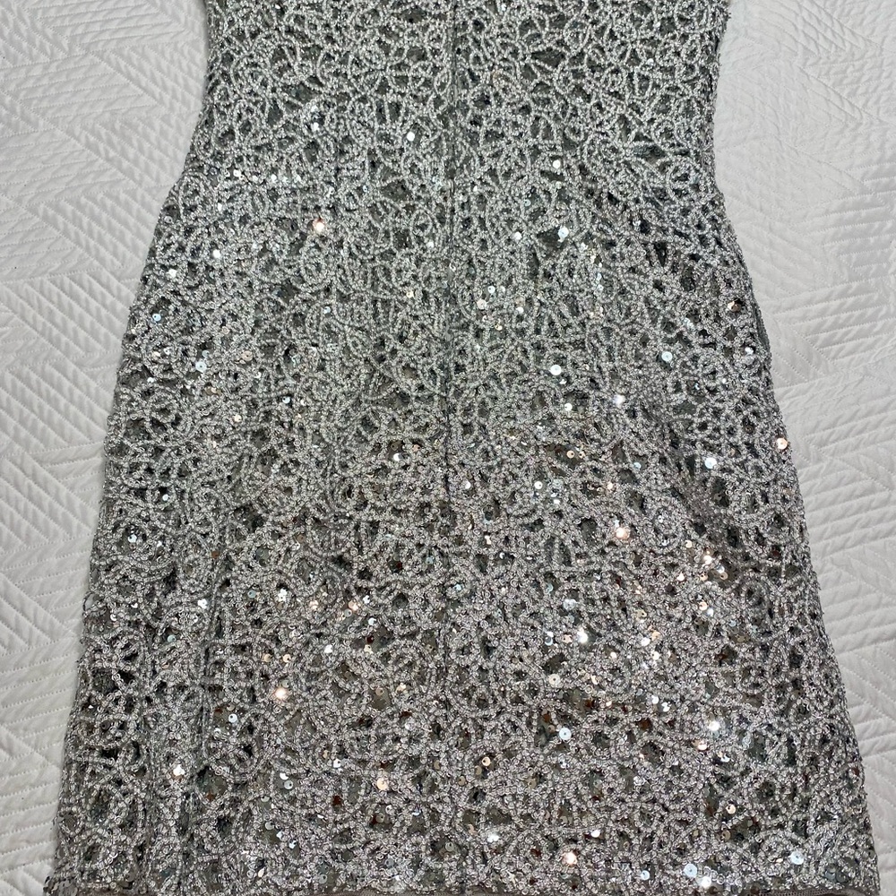 Adrianna Papell Silver Sequin Lace Mini Dress